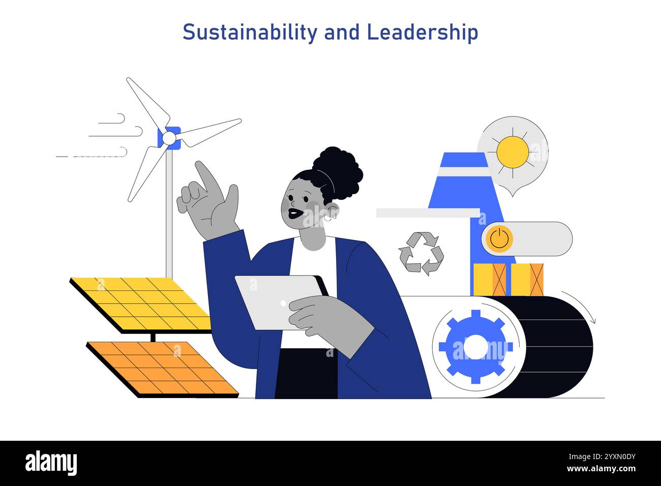 Concetto di leader delle donne. Il professionista femminile abbraccia lo sviluppo energetico sostenibile. Leadership, tecnologia verde e innovazione. Illustrazione vettoriale. Illustrazione Vettoriale