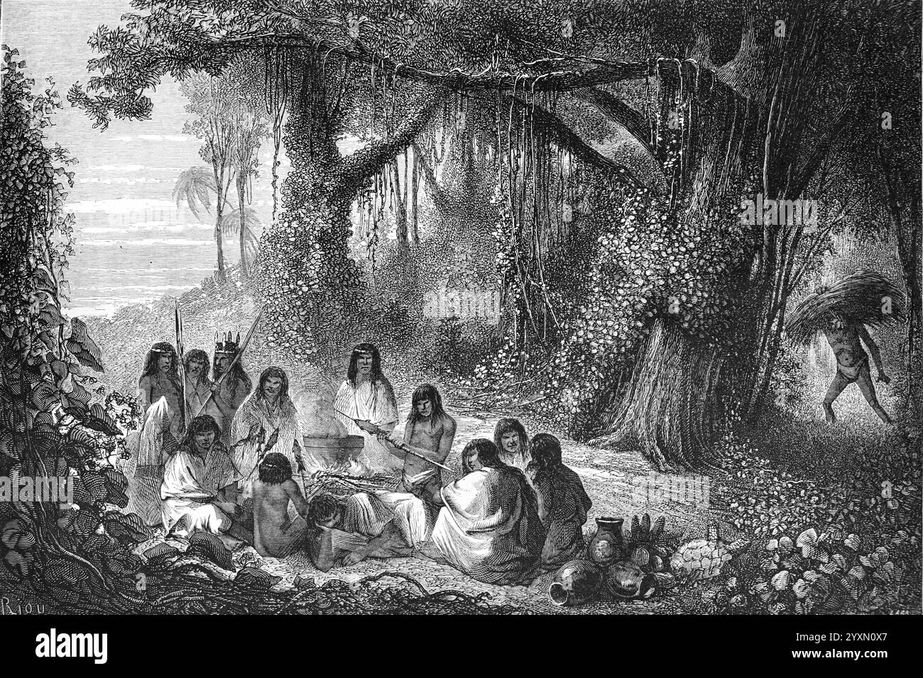 Gruppo di Anti o Antis Indians in accampamento o accampamento nelle foreste pluviali di Perù e Brasile, Amazzonia, Sud America. Anti è un nome inca per gli indigeni Ashaninka o Ashaninca della foresta pluviale amazzonica. Incisione vintage o storica o illustrazione 1864. Foto Stock