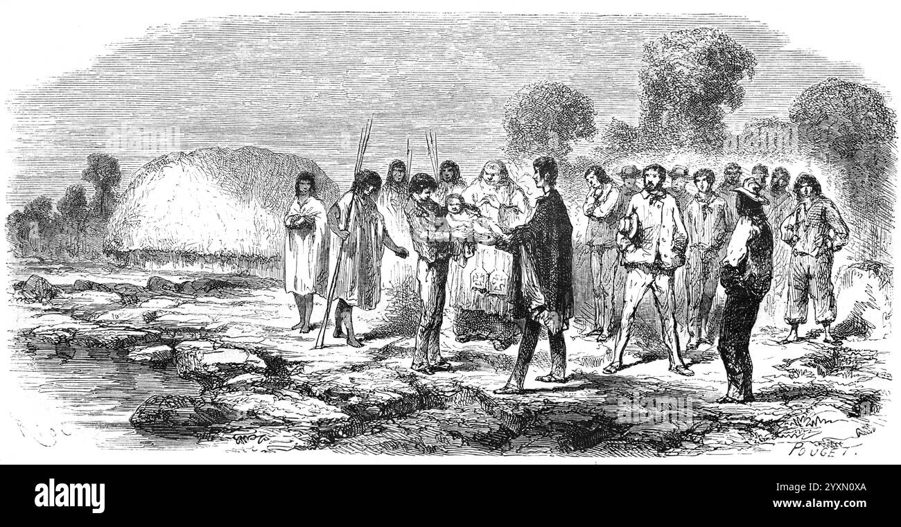 Battesimo degli Anti o Antis Indians da parte di missionari cristiani nelle foreste pluviali del Perù e del Brasile, dell'Amazzonia, del Sud America. Anti è un nome inca per gli indigeni Ashaninka o Ashaninca della foresta pluviale amazzonica. Incisione vintage o storica o illustrazione 1864. Foto Stock