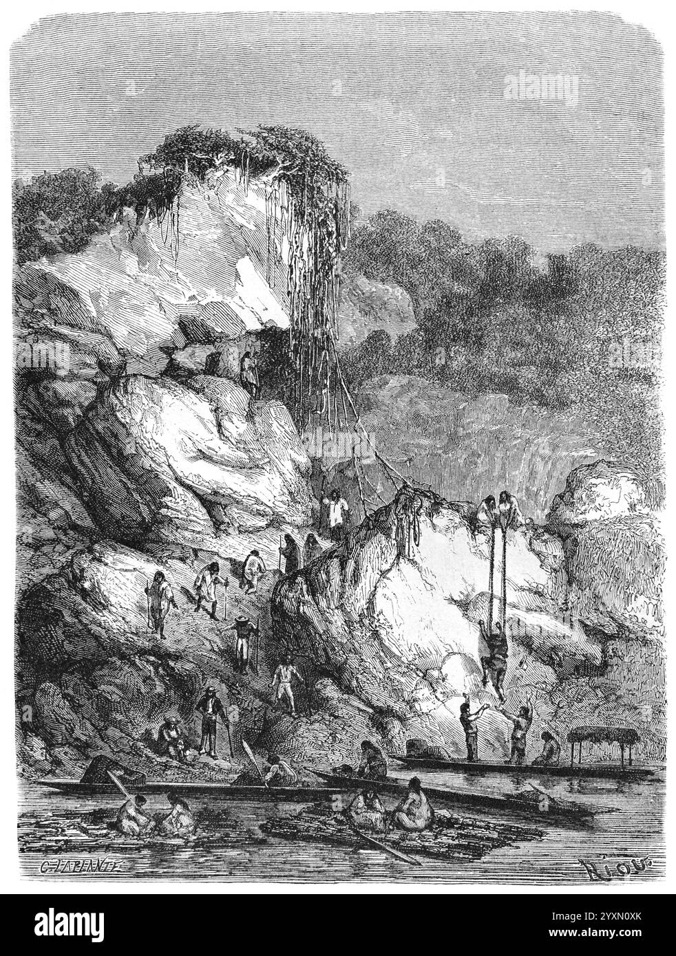 Gruppo di Anti-indiani o Antis che arrampicano sulle rocce Sibucini per evitare le rapide del fiume Sibucuni, probabilmente il fiume Ucayali oggi, in Perù, Amazzonia, Sud America. Anti è un nome inca per gli indigeni Ashaninka o Ashaninca della foresta pluviale amazzonica del Perù e del Brasile del Sud America. Incisione vintage o storica o illustrazione 1864. Foto Stock