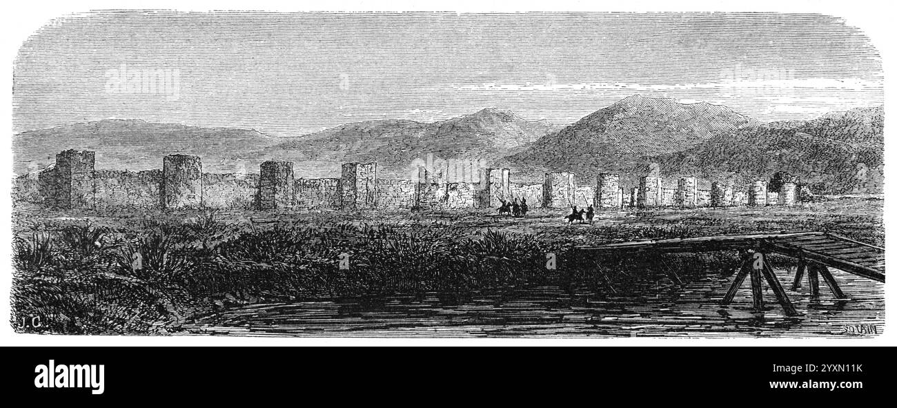 Antiche mura della città Graeco-romana di Lupadium, anche nota come Loupadion, Lopadion o Lopadium, l'antica Mysia, vicino a Ulubat Turchia. Vintage of Historic Engraving or Illustration 1864 Foto Stock