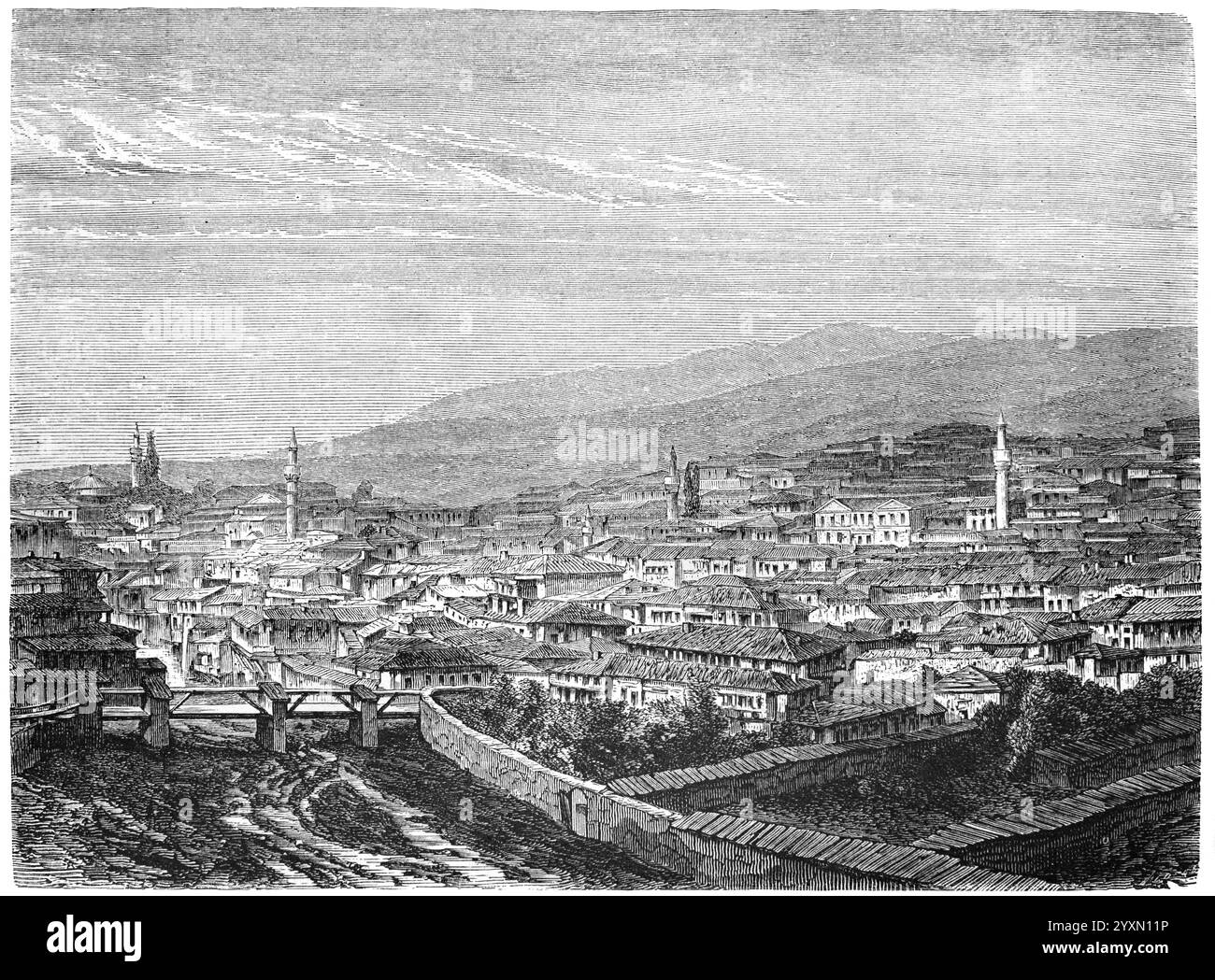 Ammira Eskigediz, ex Gediz, e conosciuto in tempi antichi come Kadoi (greco) o Gedüs (Turchia) e Hermus o Hermos, ex fiume Gediz, provincia di Kütahya Turchia. Incisione vintage o storica o illustrazione 1864 Foto Stock