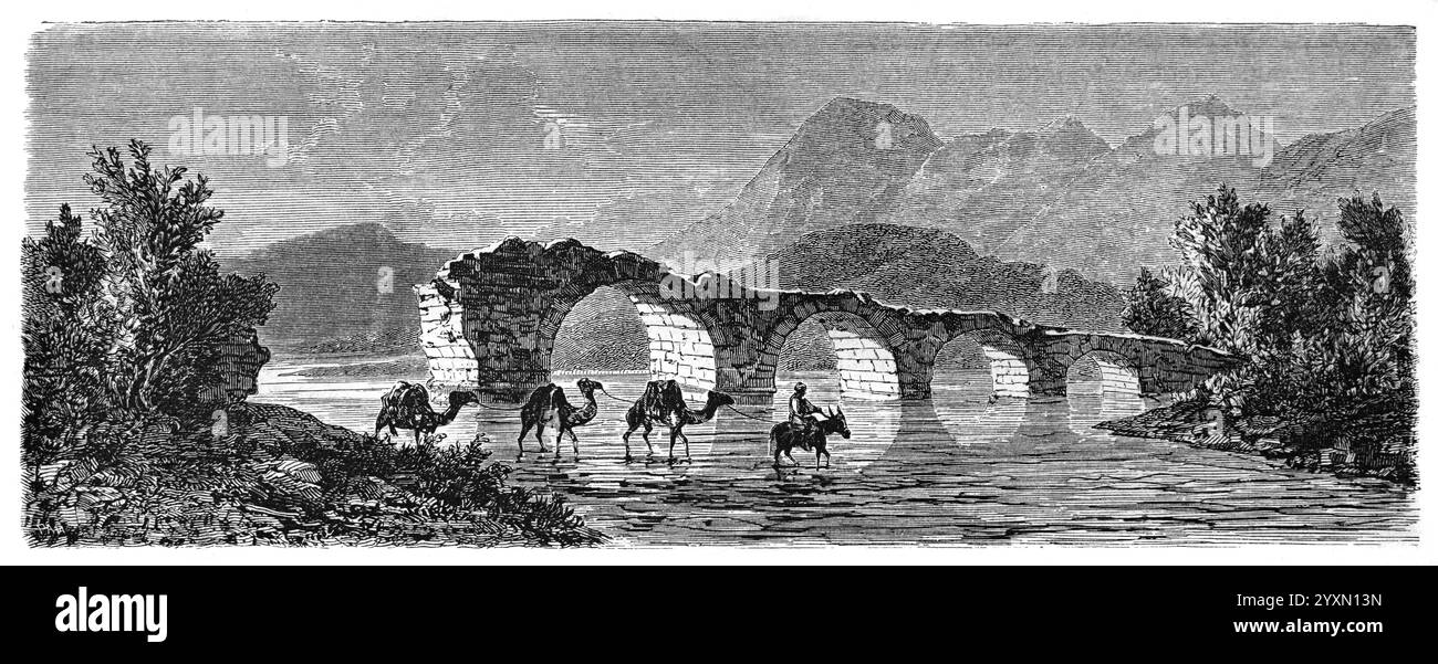 Veduta del Ponte multiarcuato in rovina sul fiume Gediz, ex fiume Hermus o Hermos, e del Monte Sil o Monte Sipylus vicino a Manisa Turchia. Incisione vintage o storica o illustrazione 1864 Foto Stock
