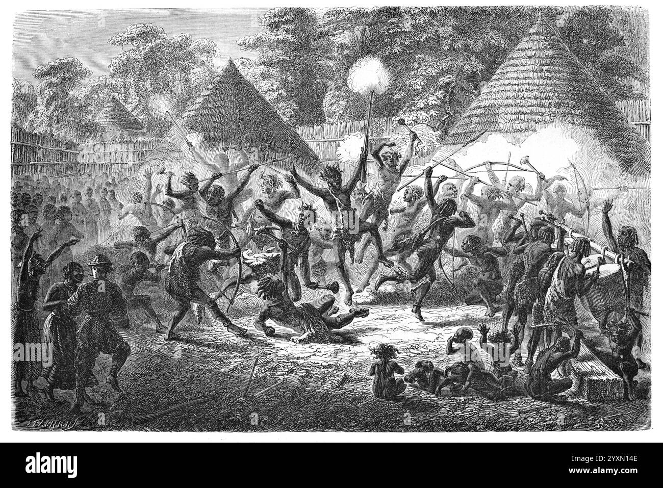 James Augustus Grant (1827-1892) esploratore scozzese che danzava con moglie o regina del Capo tribale o re Ukulima, durante un Village Festival nella regione di Ouzinza in Uganda, durante la spedizione Speke e Grant African del 1860 alle sorgenti del fiume Nilo. Incisione vintage o storica o illustrazione 1864 Foto Stock