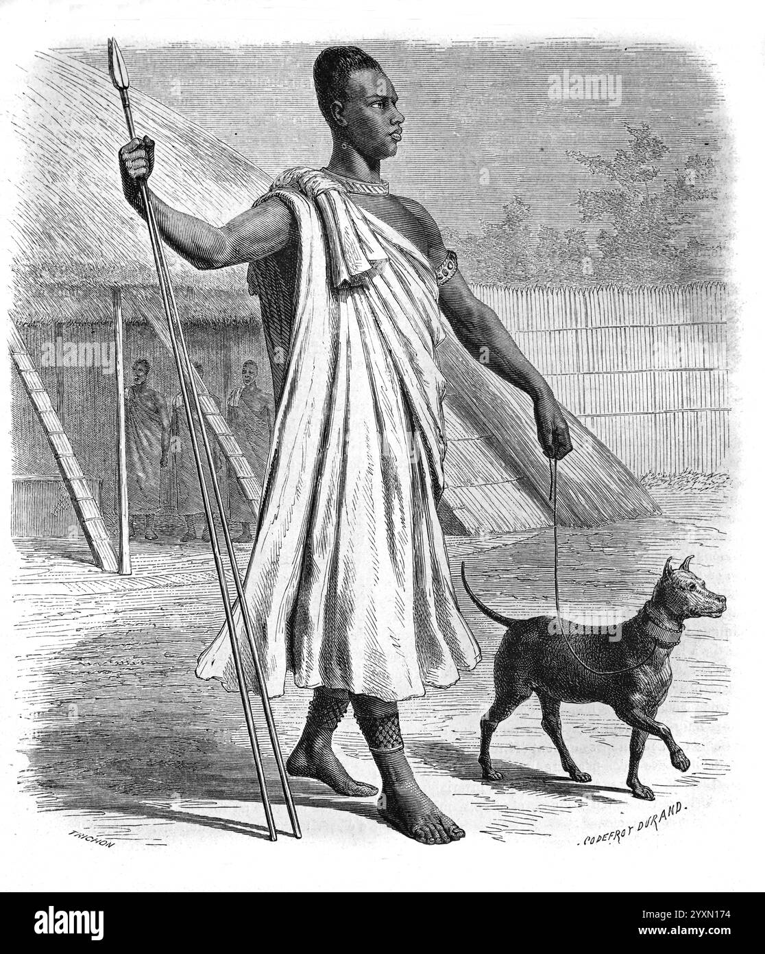 Ritratto a figura intera del re Muteesa i Mukaabya Walugembe Kayiira (c1837/9 - 1884), 30° Kabaka o re del Regno di Buganda, regnò 1856-1884, un vecchio regno Bantu all'interno dell'Africa ugandese. Incisione vintage o storica o illustrazione 1864. Foto Stock