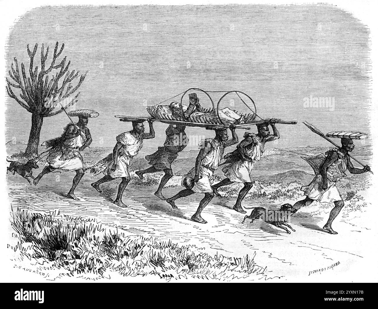 James Augustus Grant (1827-1892), esploratore scozzese, che legge un libro mentre viaggiava per Palanquin o rifiuti dal Regno di Karagwe in Tanzania al Regno di Buganda, attuale Uganda, durante la spedizione Speke e Grant African del 1860 alle sorgenti del fiume Nilo Africa. Incisione vintage o storica o illustrazione 1864 Foto Stock