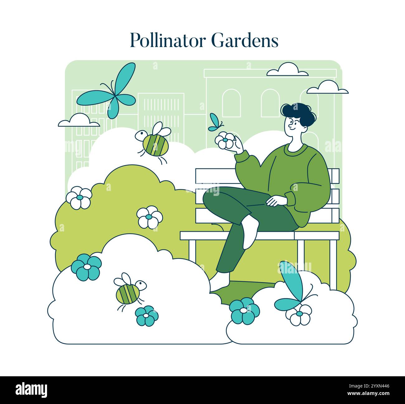 Concetto di infrastruttura ecologica. Illustrazione di una persona che gode di un giardino di impollinatori con api e farfalle in un ambiente urbano. Illustrazione vettoriale. Illustrazione Vettoriale