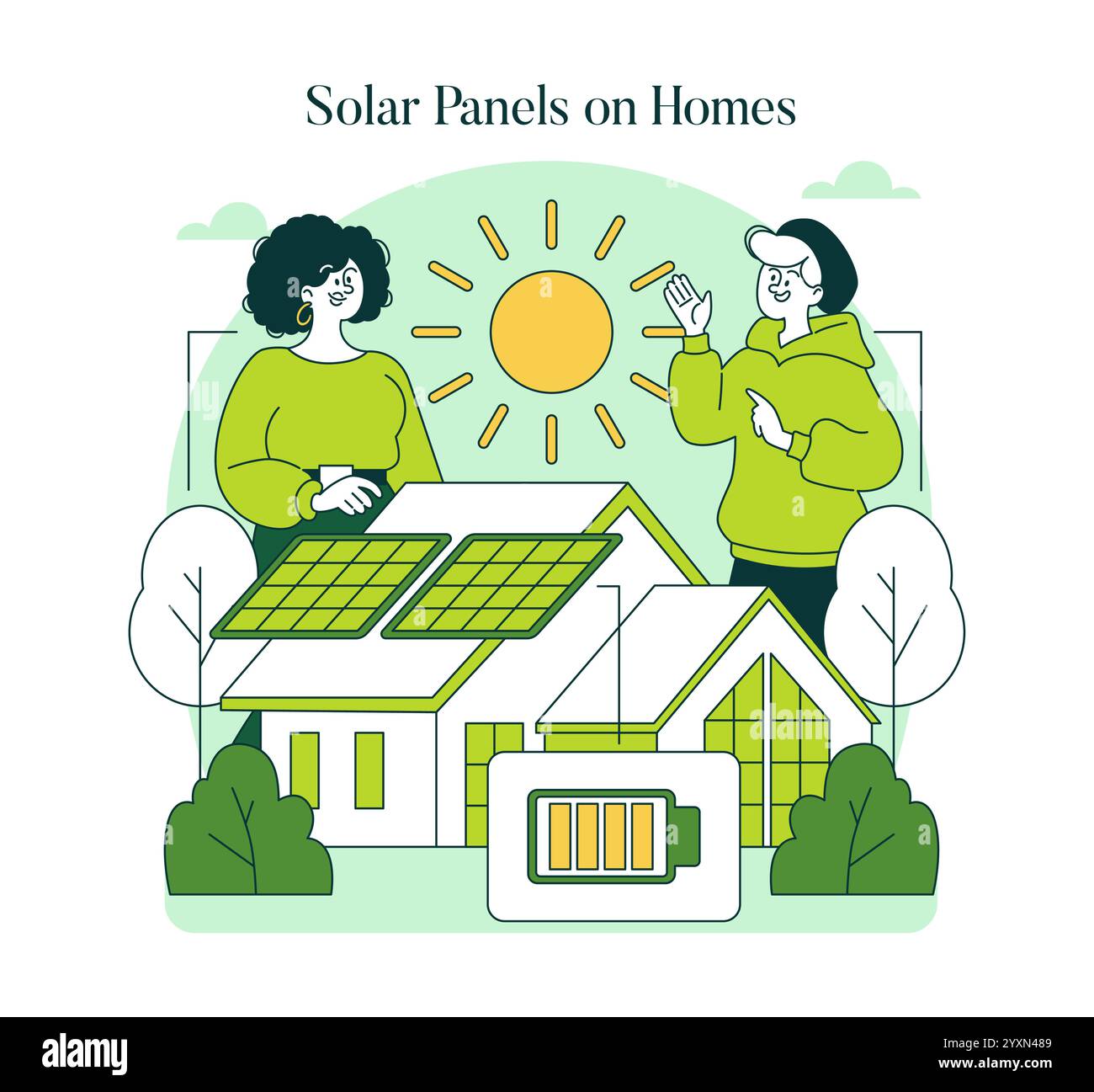 Concetto di energia rinnovabile. Si abbinano ai pannelli solari a casa, che rappresentano una vita sostenibile e un'efficienza energetica. Illustrazione vettoriale. Illustrazione Vettoriale