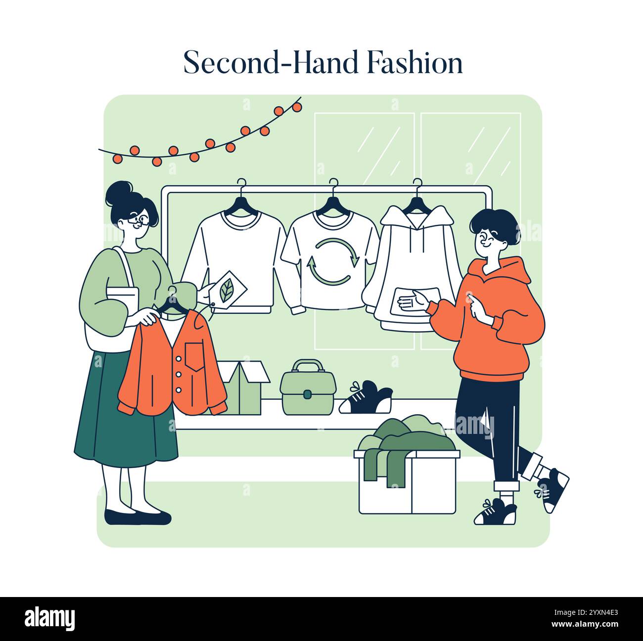 Concetto di consumo consapevole. Gli acquirenti si dedicano allo shopping sostenibile in un negozio di moda di seconda mano. Scelta di abbigliamento ecocompatibile. Illustrazione vettoriale. Illustrazione Vettoriale