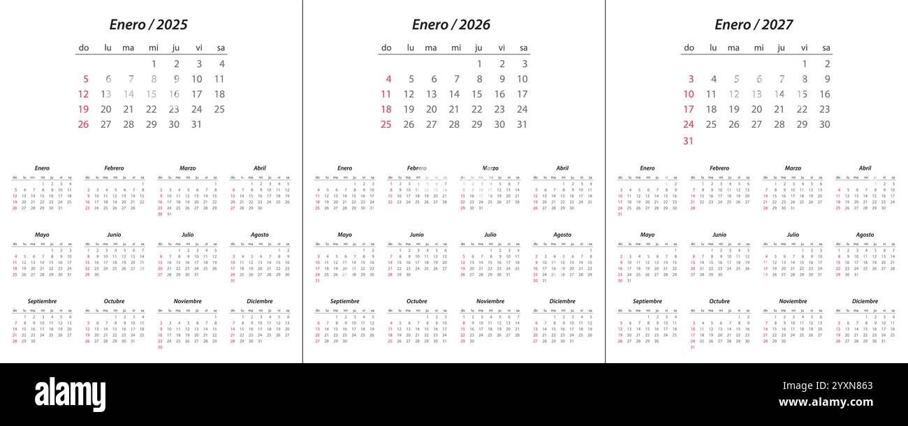 Calendario 2025, calendario 2026, calendario 2027 in lingua spagnola inizio settimana domenica modello di pianificazione del design aziendale Illustrazione Vettoriale