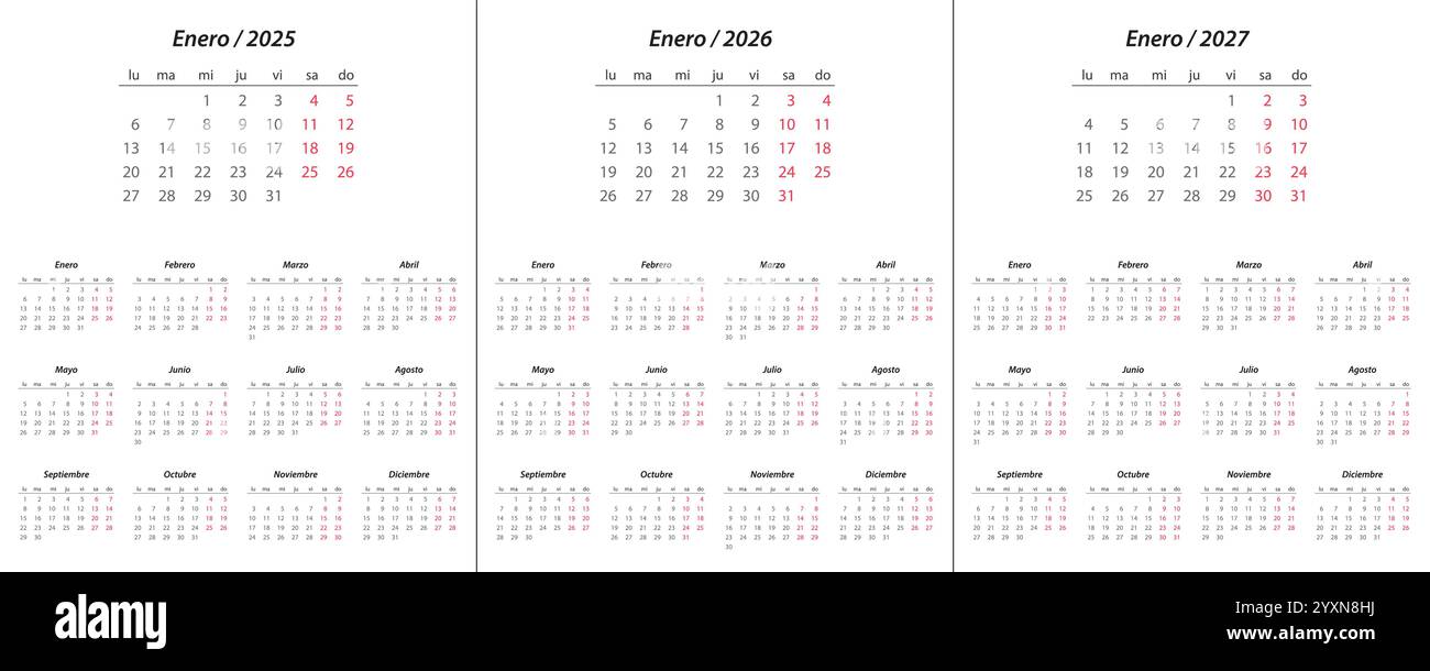Calendario 2025, calendario 2026, calendario 2027 in lingua spagnola inizio settimana lunedì modello di pianificazione del design aziendale Illustrazione Vettoriale