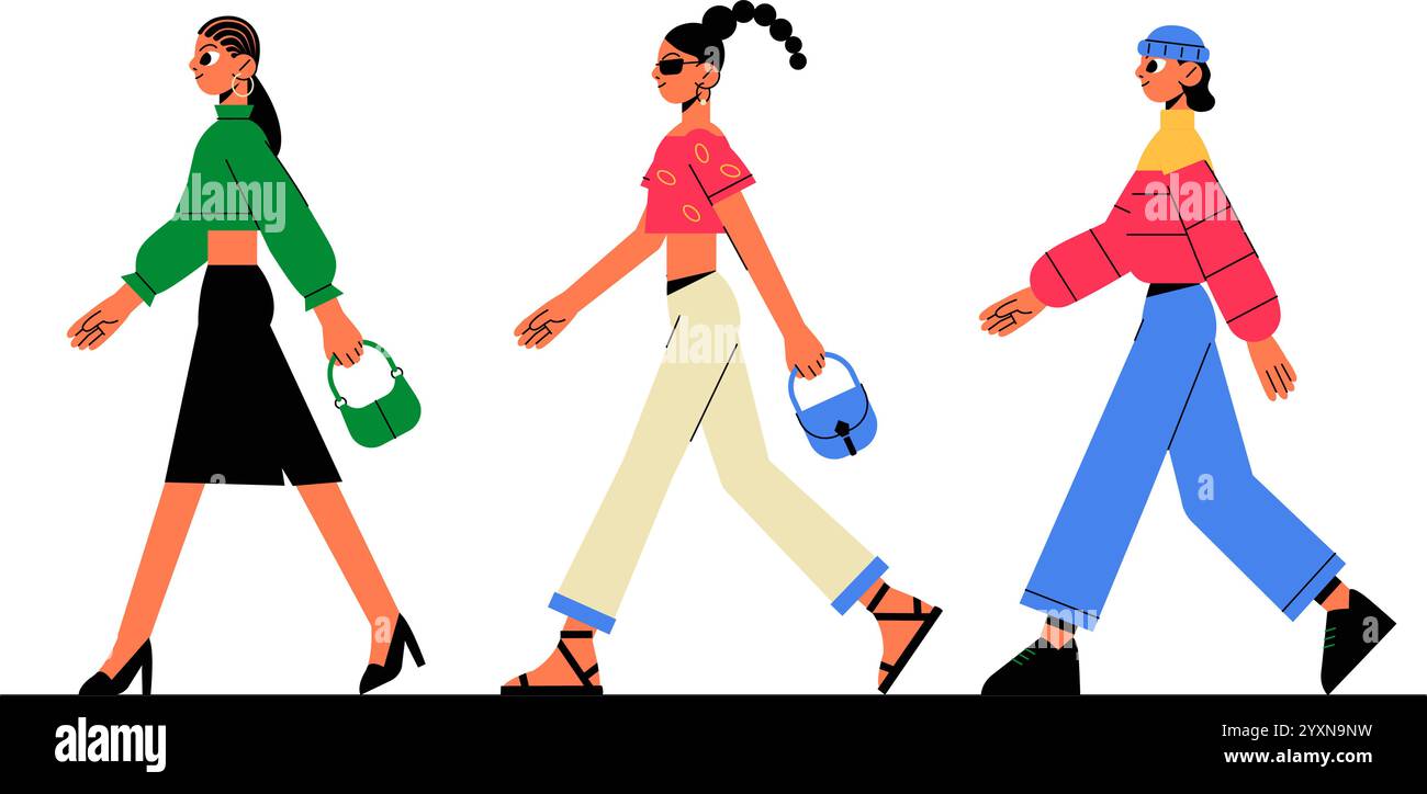 Tre modelle femminili che indossano abiti eleganti in Flat Vector Illustration simboleggia Fashion Runway, Style Trends e Creative Modeling, isolate Illustrazione Vettoriale