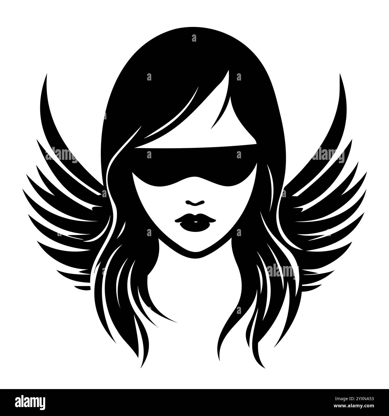 Viso da donna stilizzato con ali e occhiali da sole in bianco e nero Illustrazione Vettoriale