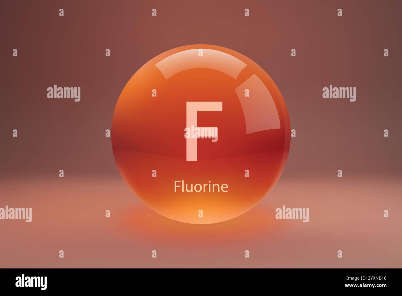 Sfera lucida con simbolo 'F' Fluorine su sfondo graduato. Illustrazione Vettoriale