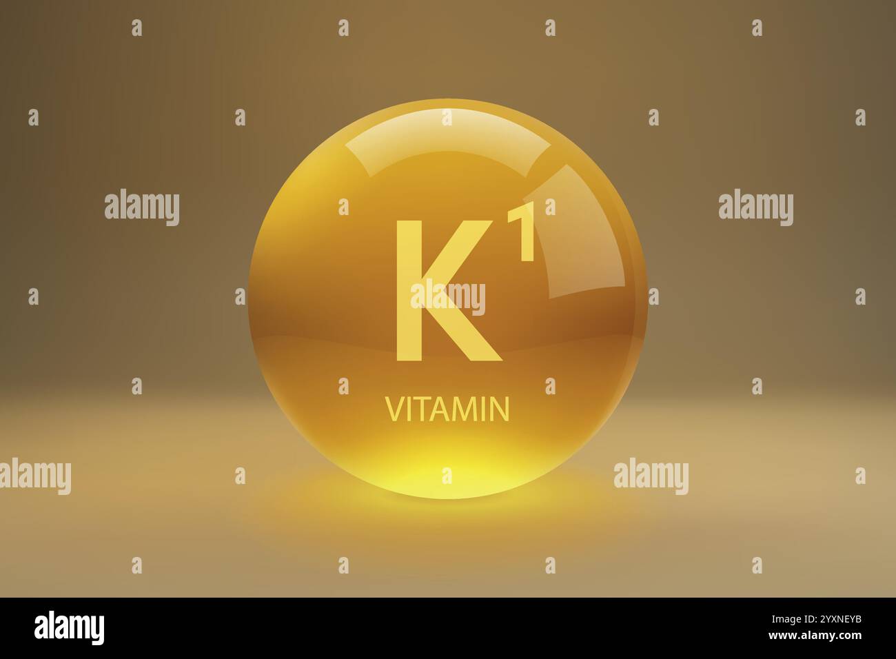 Una sfera dorata lucida che rappresenta la vitamina K1, comunemente nota come Phylloquinone, su sfondo gradiente Illustrazione Vettoriale