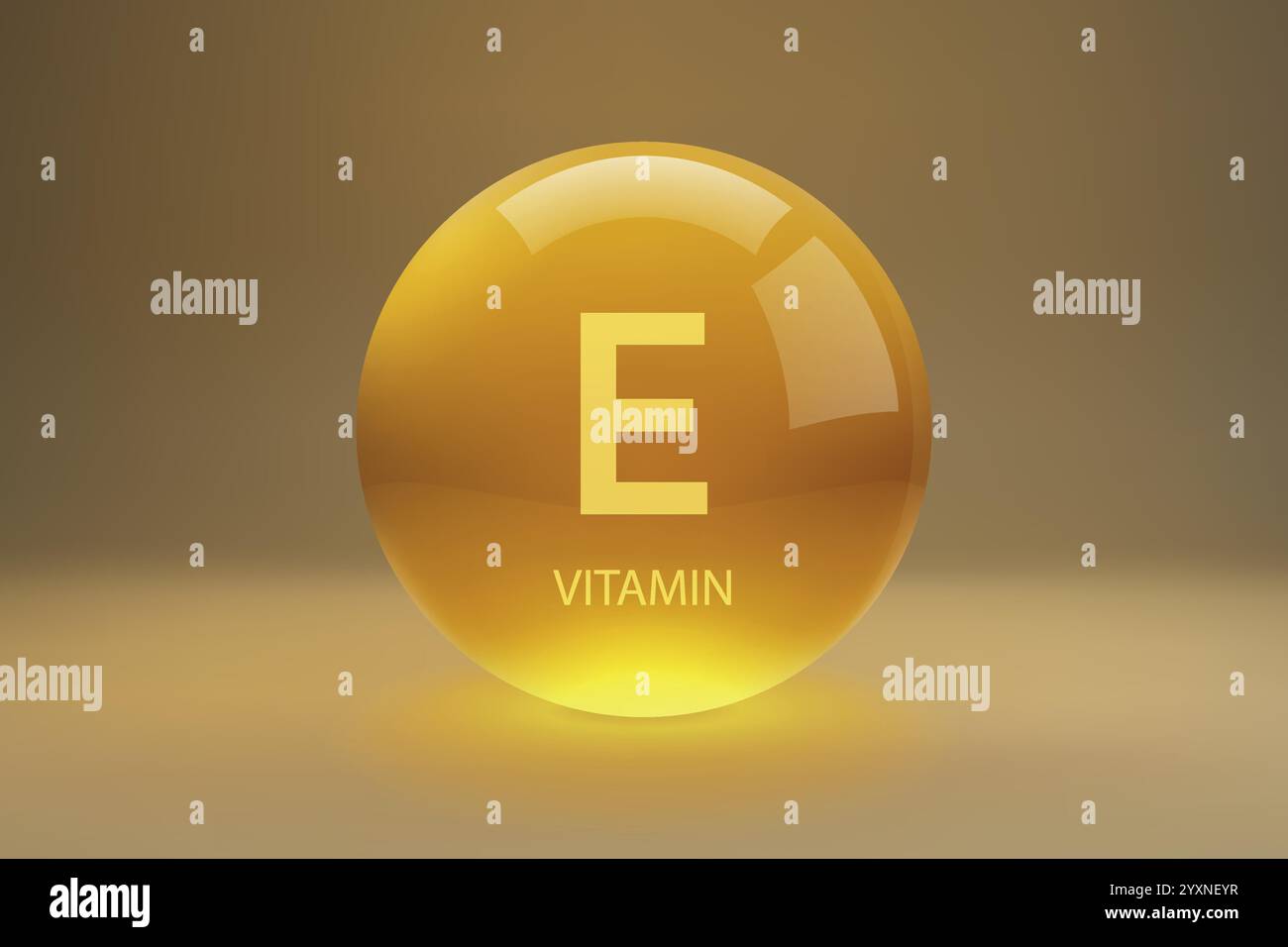 Una sfera dorata lucida che rappresenta la vitamina e, comunemente nota come Tocoferolo, su sfondo gradiente Illustrazione Vettoriale