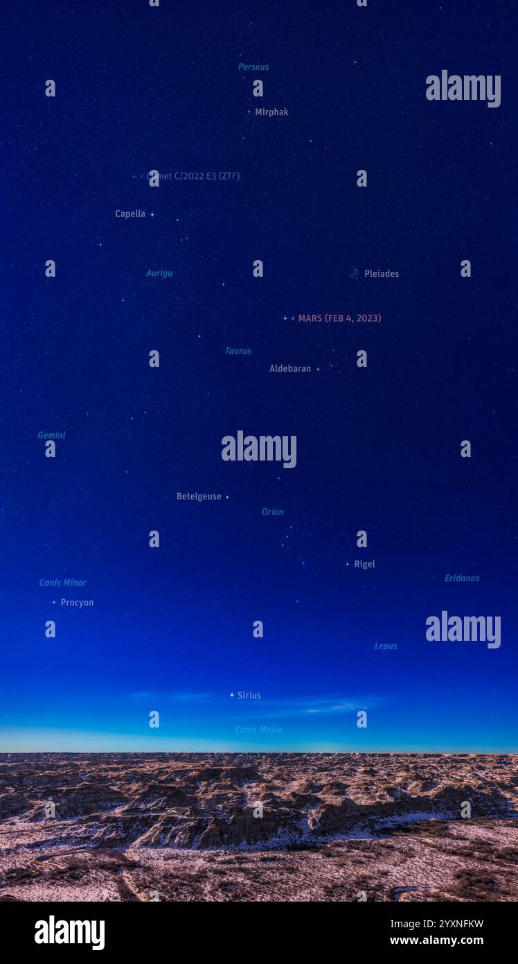 Le scintillanti stelle invernali e le costellazioni sulle calanchi del Dinosaur Provincial Park, Alberta, Canada. Foto Stock