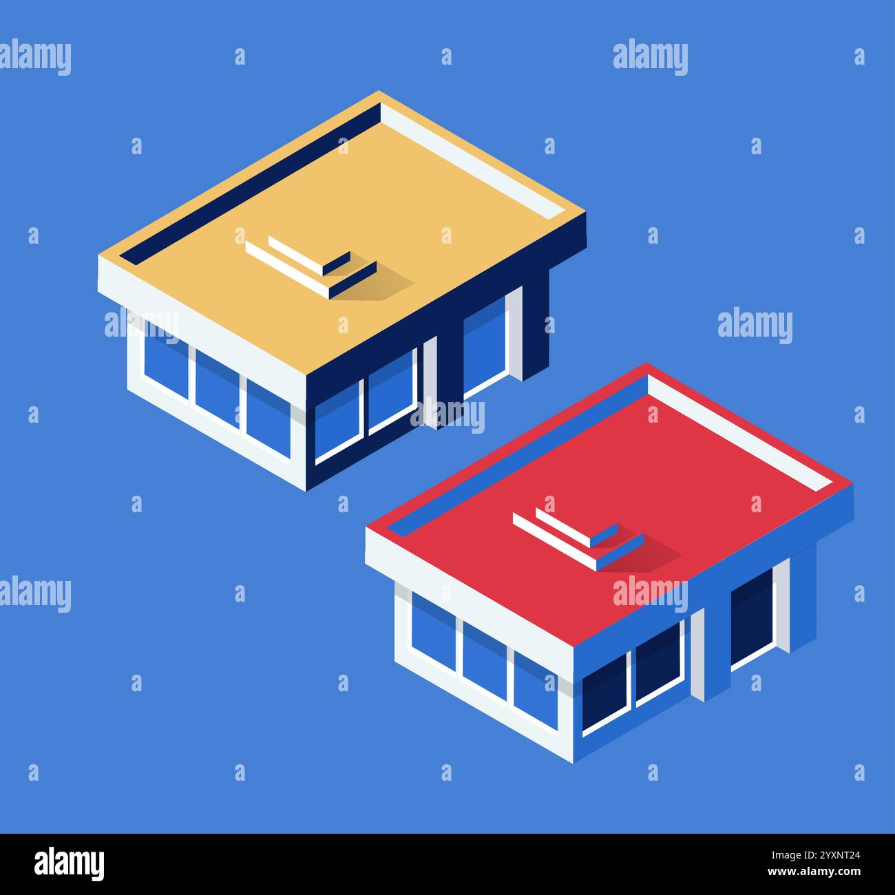 Illustrazione vettoriale isometrica con due edifici moderni con accesso sul tetto tramite piccole scale, ideale per il concetto architettonico o urbano Illustrazione Vettoriale