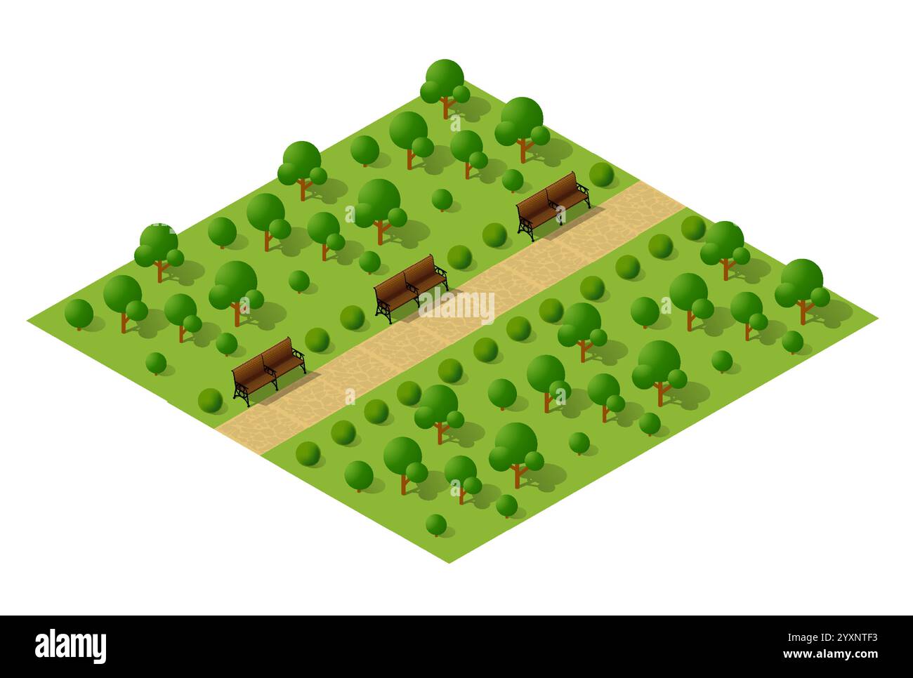 Illustrazione isometrica di una lussureggiante foresta verde che cresce su un terreno quadrato Illustrazione Vettoriale