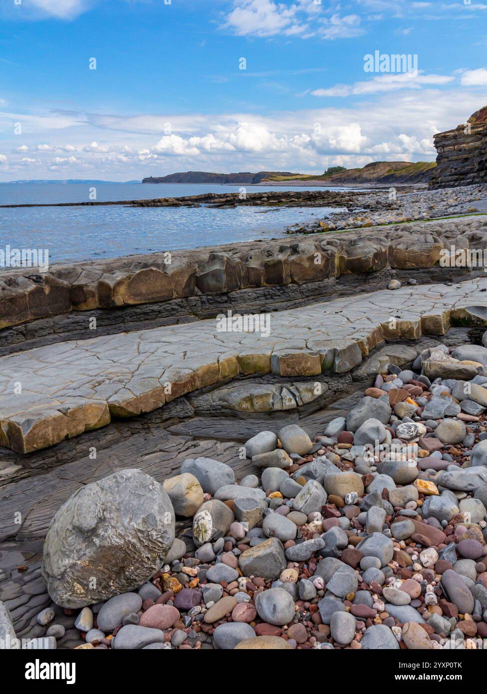 Vista della spiaggia rocciosa di Kilve nel nord del Somerset, Inghilterra, un sito di particolare interesse scientifico famoso per i suoi fossili. Foto Stock