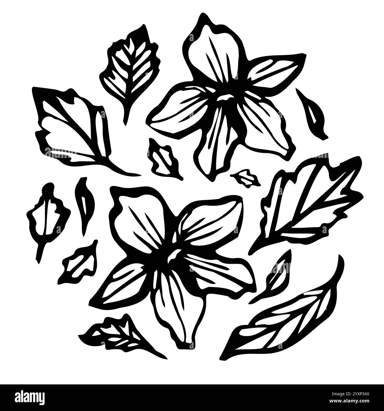 composizione rotonda con eleganti disegni botanici a mano con fiori e foglie per la lavorazione, gli inviti, i libri da colorare, i tatuaggi, e. Illustrazione Vettoriale