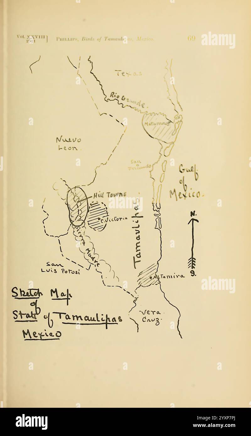 Il, Auk, Washington, D. C, American, Ornithologists', Union, 1884, uccelli, periodici, questa illustrazione presenta una mappa disegnata a mano dello stato di Tamaulipas in Messico, che mostra la sua disposizione geografica e i suoi monumenti notevoli. Le caratteristiche principali includono il Golfo del Messico a sud-est e fiumi significativi come il Rio grande. La mappa evidenzia varie città, tra cui Nuevo Laredo e Tamulipas, e include annotazioni come "Mappa dello schizzo dello stato di Tamaulipas, Messico". Una freccia nord viene posizionata in alto, facilitando la navigazione e l'orientamento. Le linee intricate e l Foto Stock
