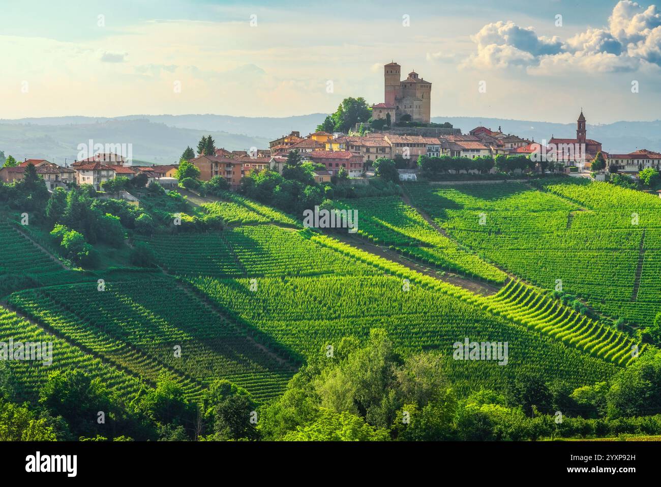 Vigneti delle Langhe e villaggio di Serralunga d'Alba con il castello. Sito patrimonio dell'umanità dell'UNESCO. Regione Piemonte, Italia, Europa. Foto Stock