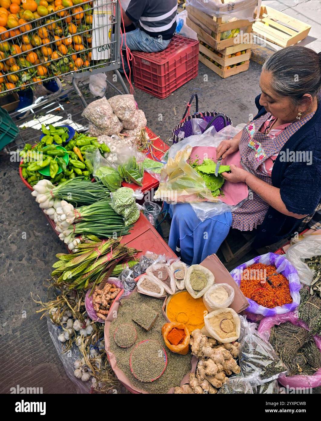 Una donna che prepara il cactus parte in un mercato locale a Oaxaca, Messico. Foto Stock