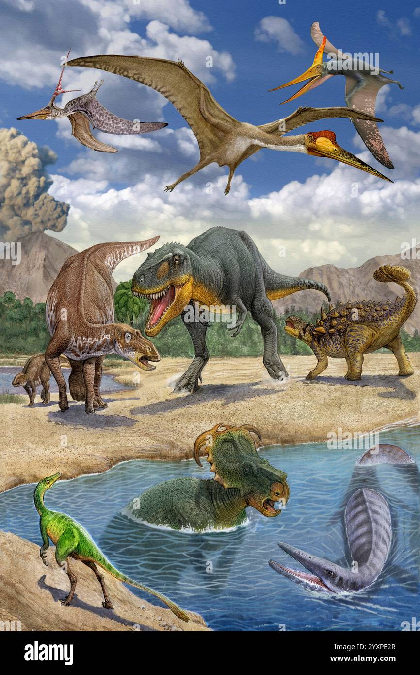 I dinosauri si confrontano lungo un lago. Foto Stock