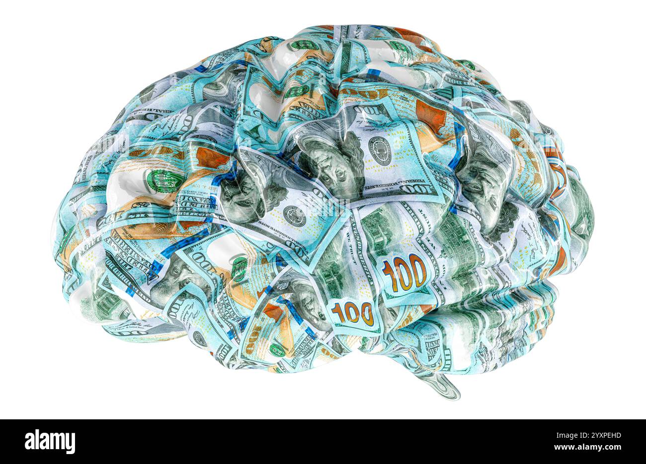 Cervello umano con consistenza di banconote da un dollaro, rendering 3D isolato su sfondo bianco Foto Stock