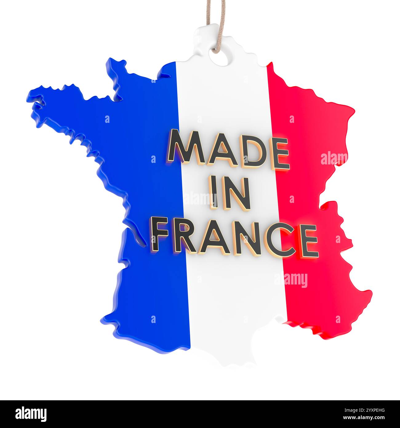 Etichetta Made in France a forma di mappa francese, rendering 3D isolato su sfondo bianco Foto Stock