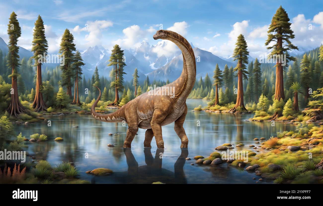 Dinosauro Alamosaurus in un lago poco profondo del periodo Cretaceo. Foto Stock