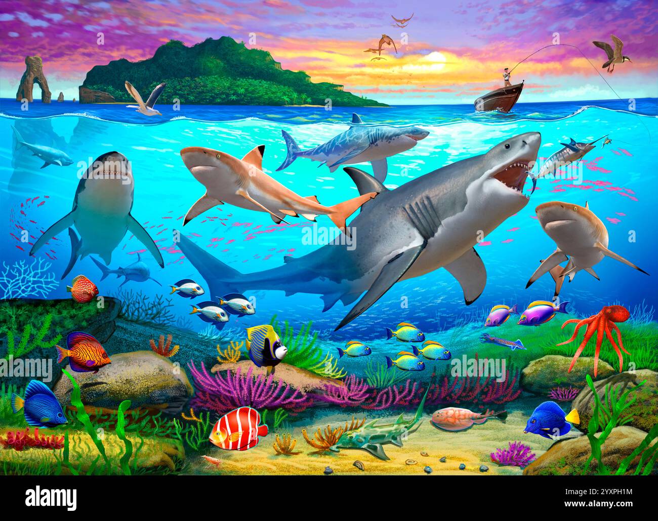 Scena a livello diviso di un ecosistema sottomarino. Foto Stock