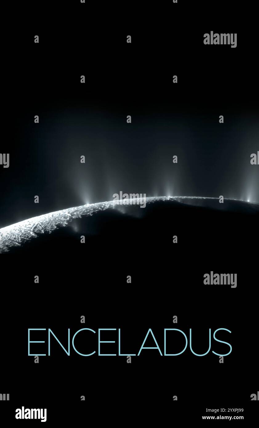 Poster del sistema solare Encelado, una luna di Saturno. Foto Stock