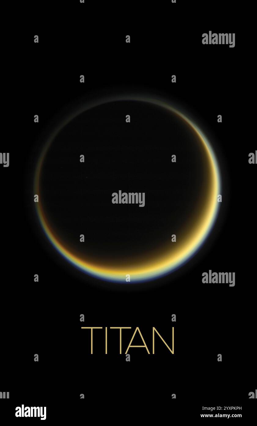 Poster del sistema solare di Titano, la luna più grande di Saturno. Foto Stock