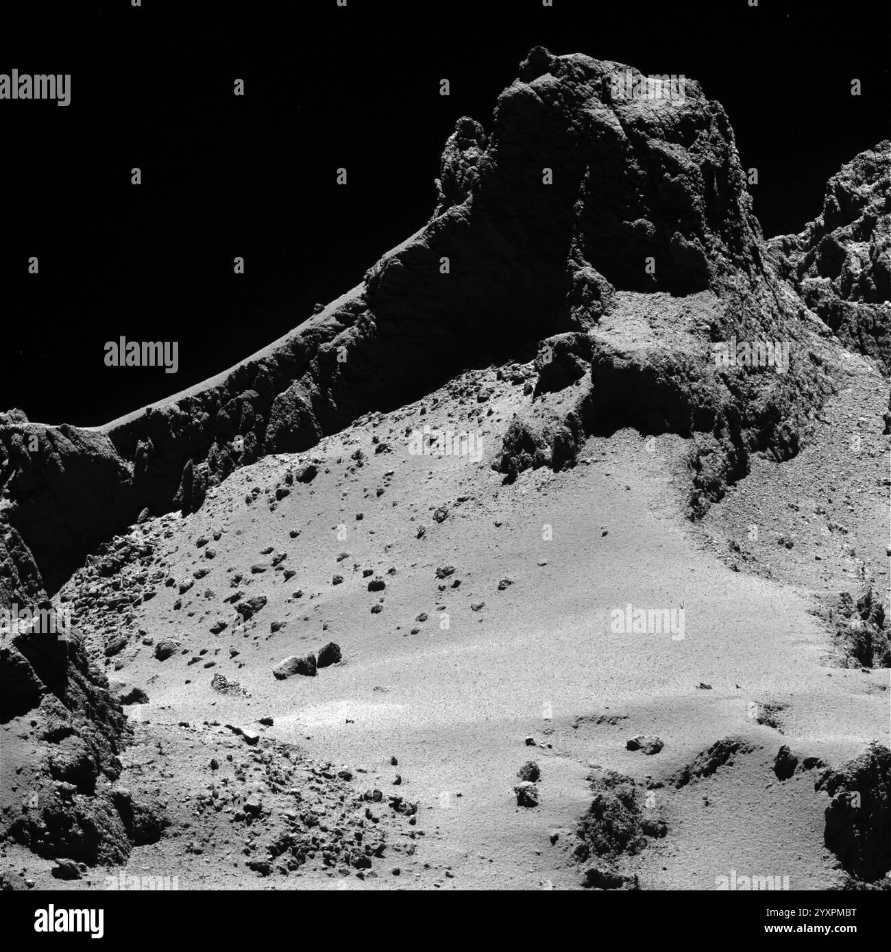 Una sezione del più piccolo dei due lobi della cometa 67P/Churyumov–Gerasimenko. Foto Stock