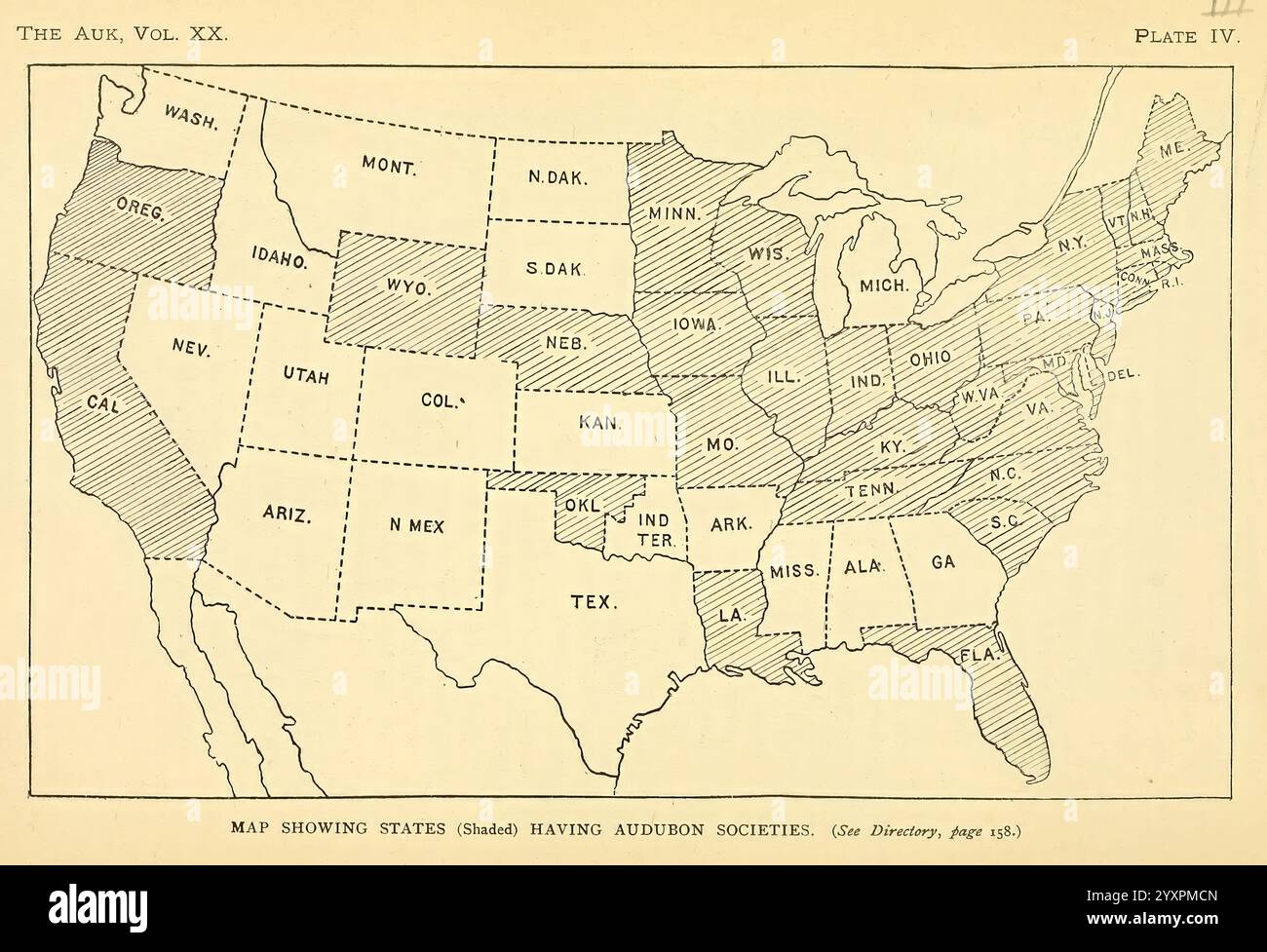 L'Auk Washington, D.C. American Ornithologists' Union ecc. 1884- periodici uccelli mappa la Audubon Society, l'illustrazione raffigura una mappa degli Stati Uniti occidentali, delineando vari stati e regioni con particolare attenzione a rappresentare specifiche divisioni geografiche legate agli sforzi di protezione degli uccelli. Ogni stato è etichettato con la sua abbreviazione corrispondente e include una cifra numerica, che potrebbe indicare identificatori univoci per diverse aree o specifiche iniziative correlate agli uccelli. Il layout enfatizza i confini tra gli stati, evidenziando le regioni impegnate in attività di conservazione. T Foto Stock