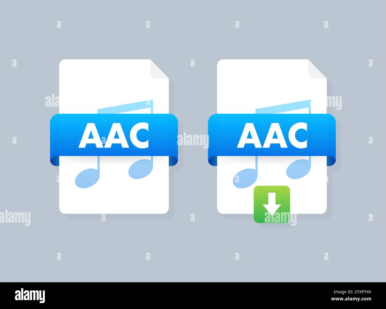 Icone dei file audio AAC che mostrano il download e la riproduzione di musica Illustrazione Vettoriale