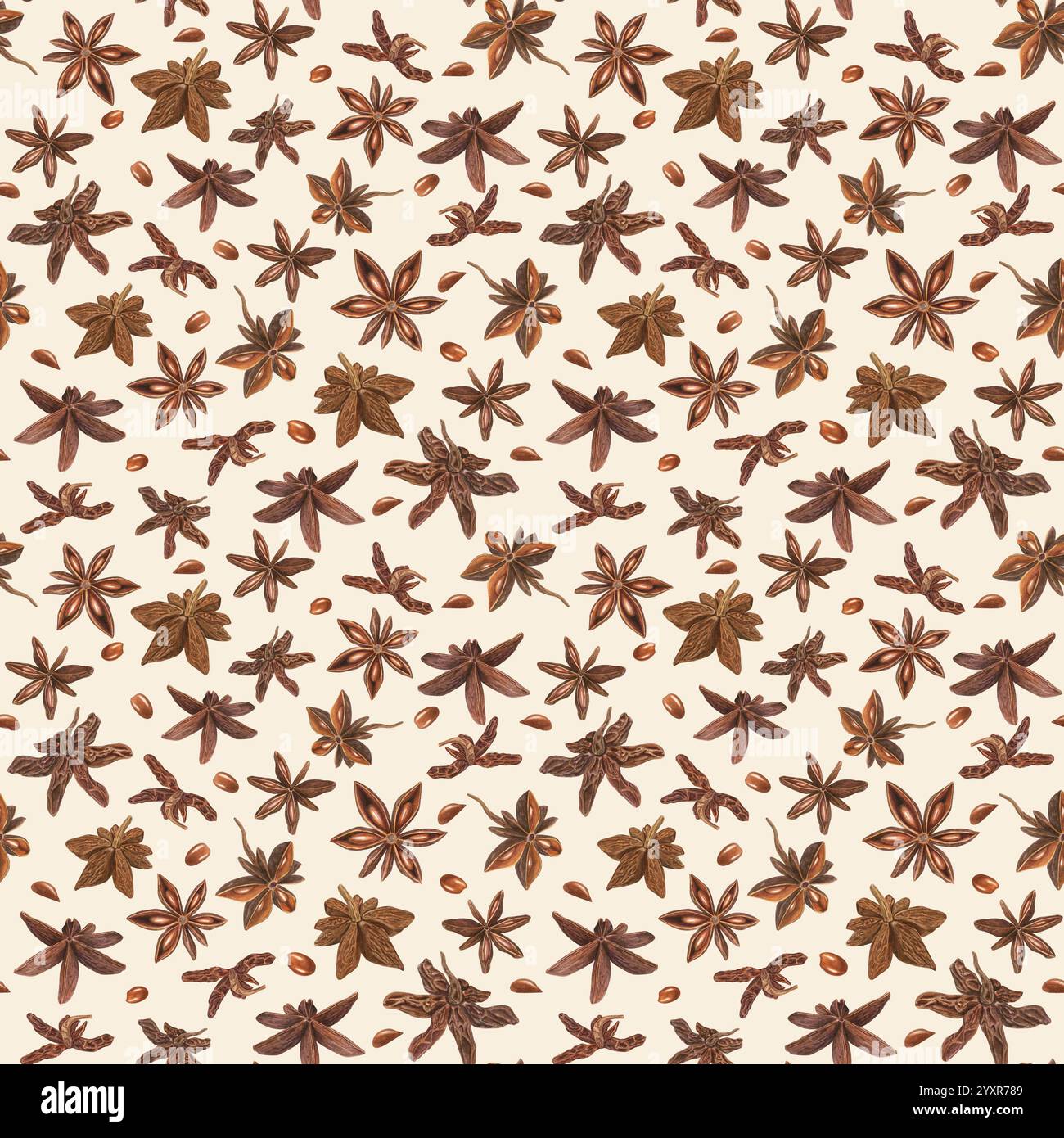 Condimento naturale ad acquerello con motivo senza cuciture su sfondo beige pastello. Illustrazione anice stellato marrone o semi di badiano per la decorazione del menu Foto Stock
