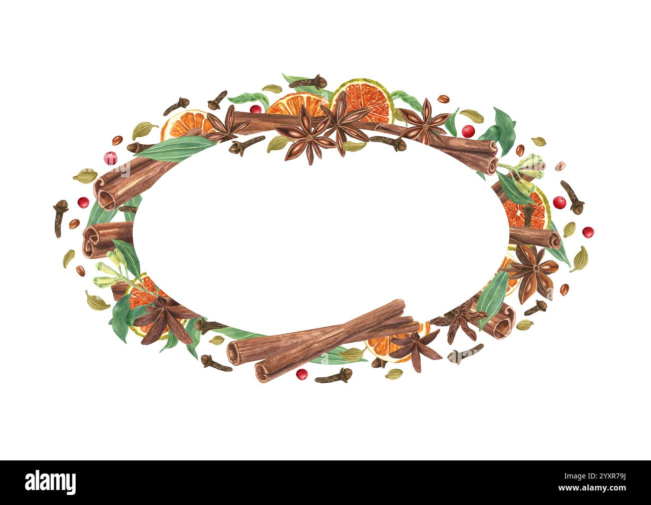 Spezie invernali acquerello con fette arancioni cornice ovale con spazio vuoto per il testo. Cannella, frutta secca, cardamomo, anice, chiodi di garofano con foglie verdi Foto Stock