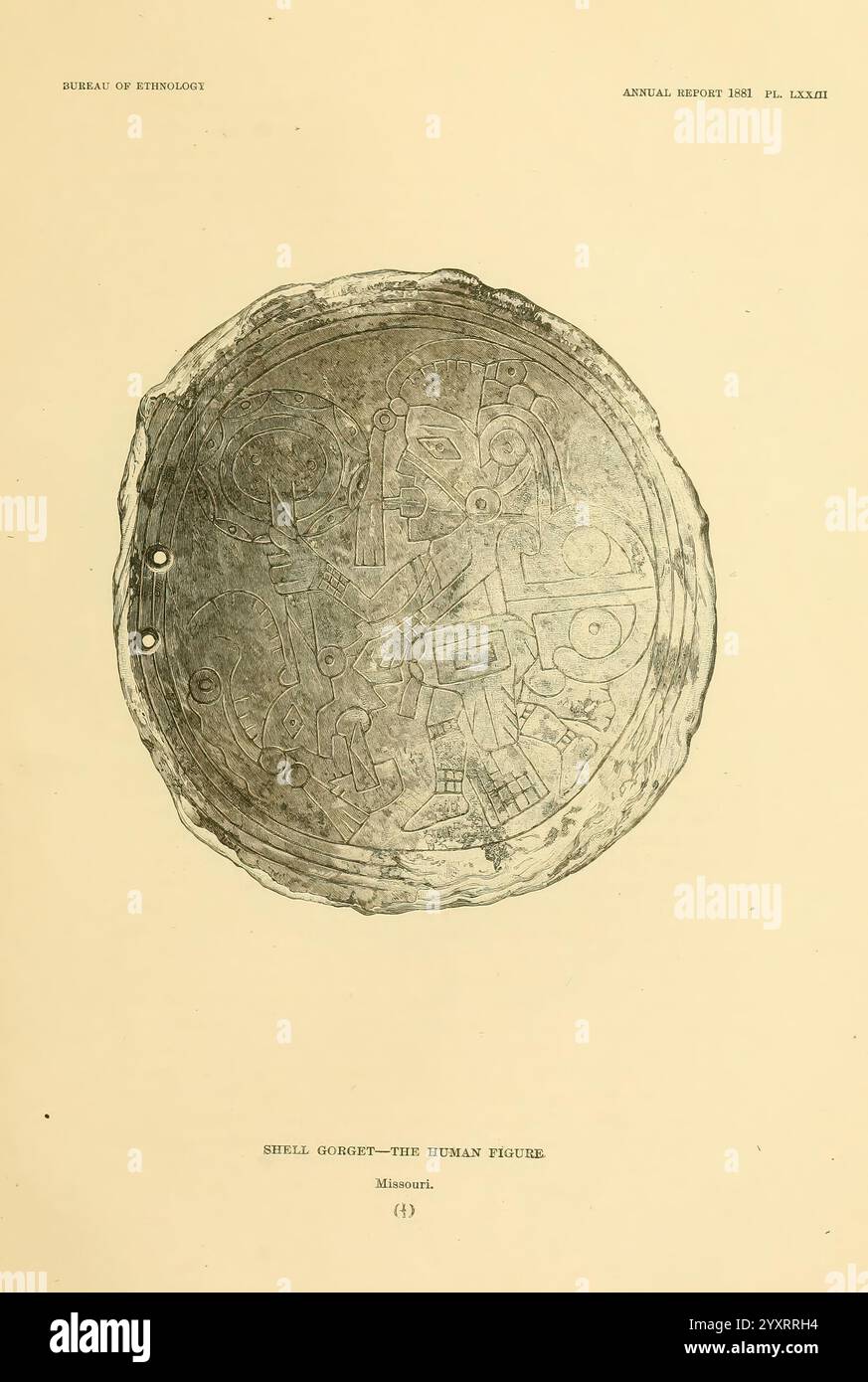 Arte in conchiglia degli antichi americani, Washington, Govt. Stampa, 1883, antichità, arte indiana, indiani, conchiglie d'arte, molti cappelli di Holmes, tassonomia, Kate Clifton Osgood, Kate Clifton Osgood Holmes, Kate Clifton Holmes, Kate Osgood Holmes, Kate Clifton Osgood, 4, 4, donne nella scienza. l'immagine presenta un disco circolare ornato in rilievo con disegni e simboli intricati. La superficie mostra forme geometriche, possibilmente raffiguranti motivi celesti o astronomici, accanto a quelle che sembrano essere figure stilizzate e modelli che suggeriscono un tema narrativo o mitologico. Il bordo esterno è definito wi Foto Stock