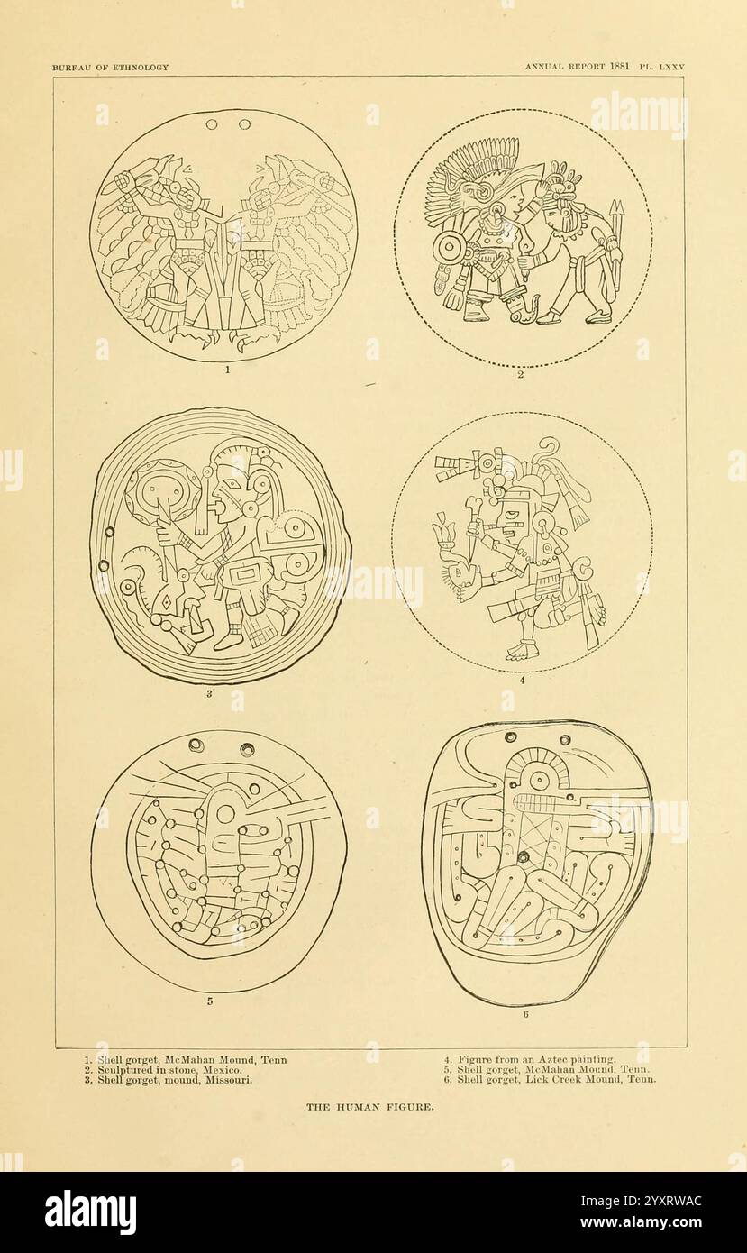 Art in Shell of the Ancient Americans, Washington, Govt. Stampa, 1883, antichità, arte indiana, indiani, conchiglie d'arte, molti cappelli di Holmes, tassonomia, Kate Clifton Osgood, Kate Clifton Osgood Holmes, Kate Clifton Holmes, Kate Osgood Holmes, Kate Clifton Osgood, donne nella scienza, questa illustrazione presenta una collezione di disegni intricati, che probabilmente rappresentano antiche civiltà e la loro arte. La fila superiore include due scene distinte: Una mostra una figura adornata con un copricapo e un'armatura elaborata, che probabilmente indica un guerriero o una divinità, accompagnata da una figura compagna; l'altra dis Foto Stock