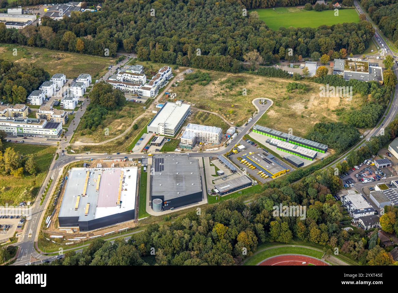 Vista aerea, nuovo sviluppo dell'ex caserma Moritz-von-Nassau, area di costruzione Georg-Elser-Straße, nuovo residenziale Moritz-von-Nassau-Straße Foto Stock