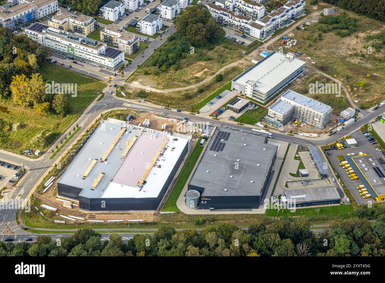 Vista aerea, nuovo sviluppo dell'ex caserma Moritz-von-Nassau, area di costruzione Georg-Elser-Straße, nuovo residenziale Moritz-von-Nassau-Straße Foto Stock