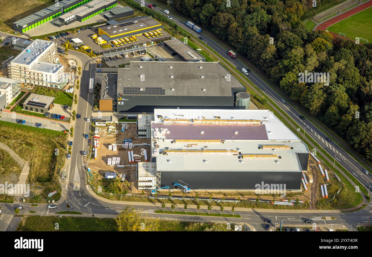 Veduta aerea, nuovo sviluppo dell'ex caserma Moritz-von-Nassau, area di sviluppo Georg-Elser-Straße e parco commerciale Mona, Emmerich, Emmerich Foto Stock