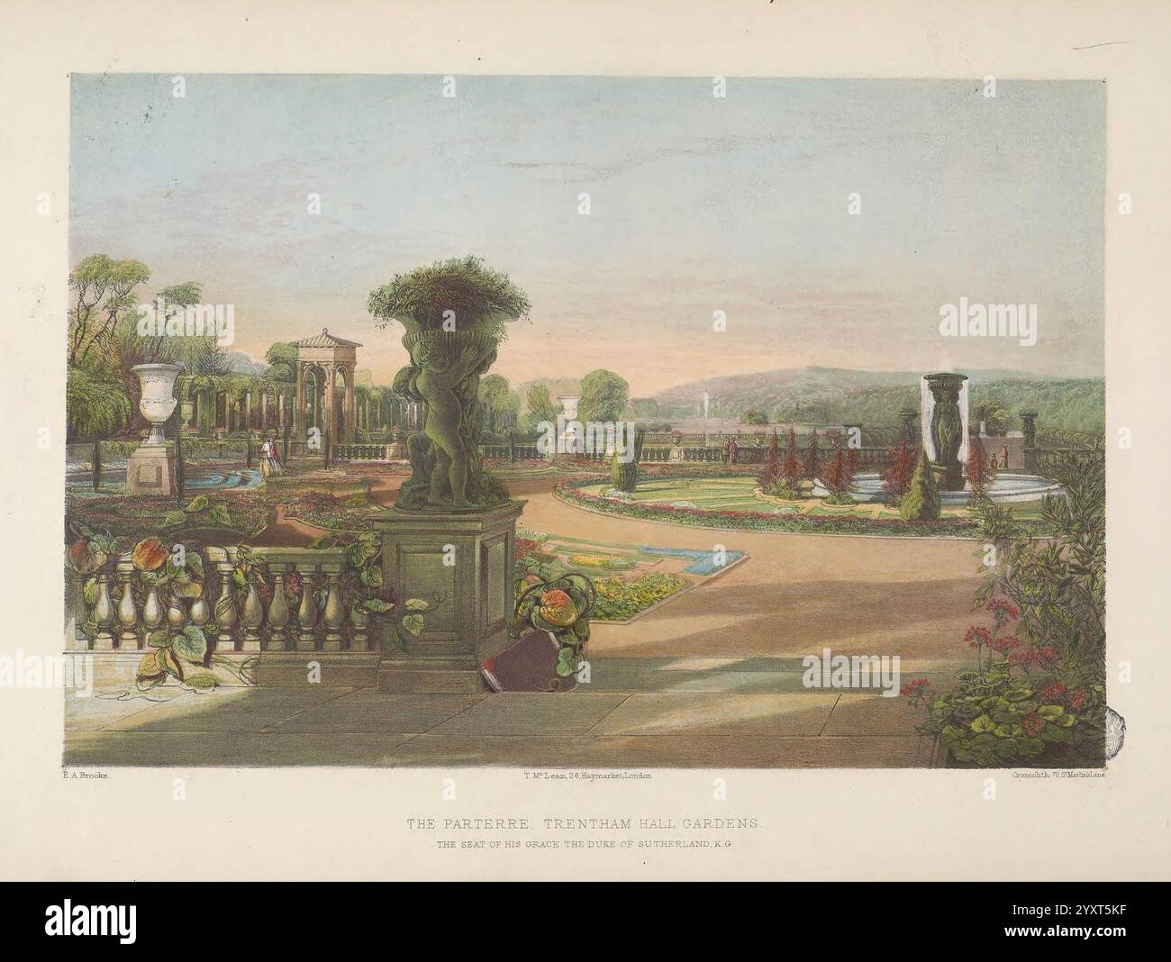 I giardini dell'Inghilterra, Londra, T. McLean, [1858?], case di campagna, Inghilterra, giardini, inglese, opere pittoriche. Un paesaggio sereno si dispiega, mostrando un elegante giardino adornato con siepi rifinite meticolosamente e vivaci aiuole di fiori. In primo piano, una fontana splendidamente realizzata si erge come punto focale, circondata da una vegetazione lussureggiante. La scena è incorniciata da colline lontane sotto un morbido cielo pastello, che accenna sia all'alba che al tramonto. Caratteristiche architettoniche, come colonne classiche e strutture ornamentali, punteggiano lo sfondo, suggerendo un design sofisticato influenzato dallo stile storico Foto Stock