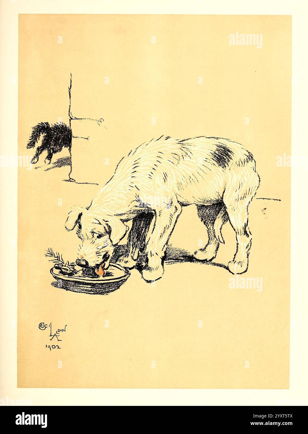 Un giorno di cane, o l'angelo in casa. New York, R.H. Russell [c1902], cani, opere pittoriche, Una scena giocosa cattura un cane che mangia con ansia da una ciotola posta a terra. L'attenzione focalizzata del cane è evidente mentre si indulge nel suo pasto, mostrando il suo comportamento desideroso. Sullo sfondo, una piccola figura somiglia a un altro animale sbircia dietro un angolo, aggiungendo un pizzico di curiosità e giocosità alla composizione. L'atmosfera generale suggerisce un momento di semplice gioia e compagnia tra gli animali. Foto Stock