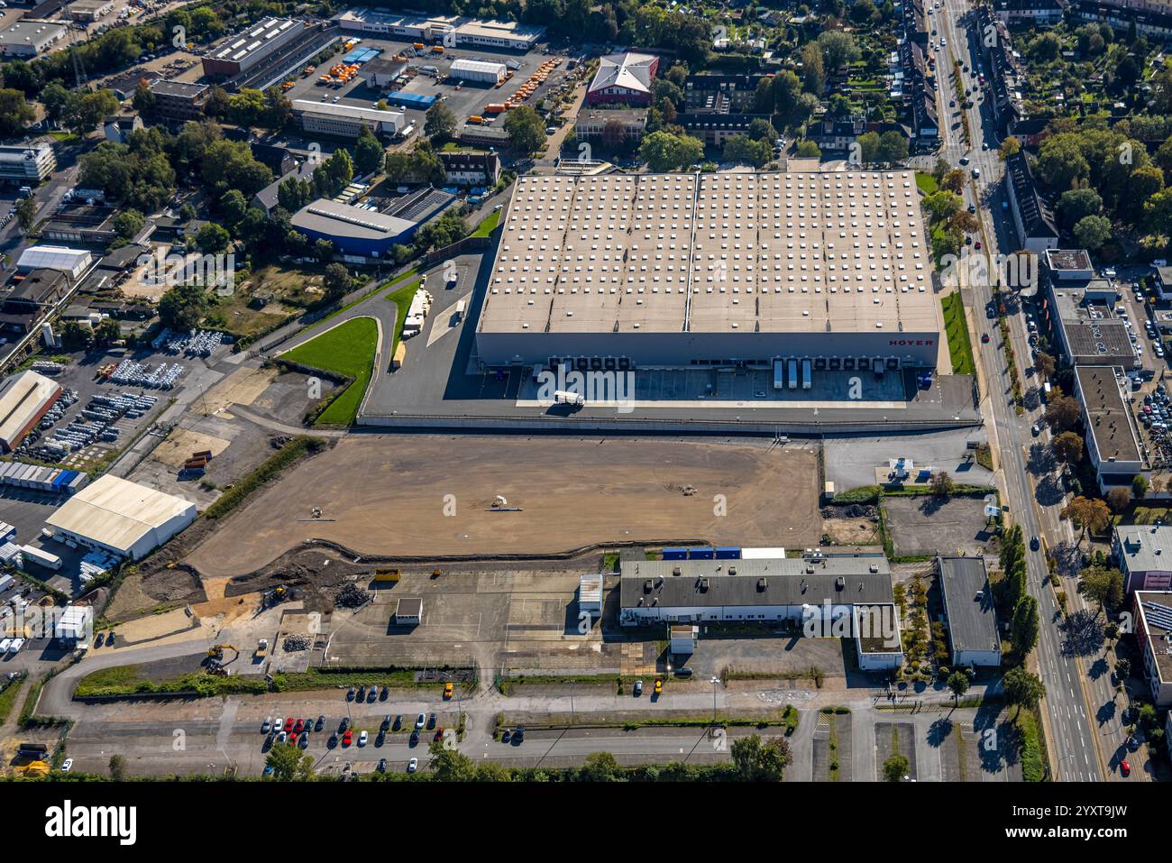Vista aerea, magazzino HOYER Group, zona industriale su Burggrafenstrasse, Ostviertel, Essen, regione della Ruhr, Renania settentrionale-Vestfalia, Germania Foto Stock