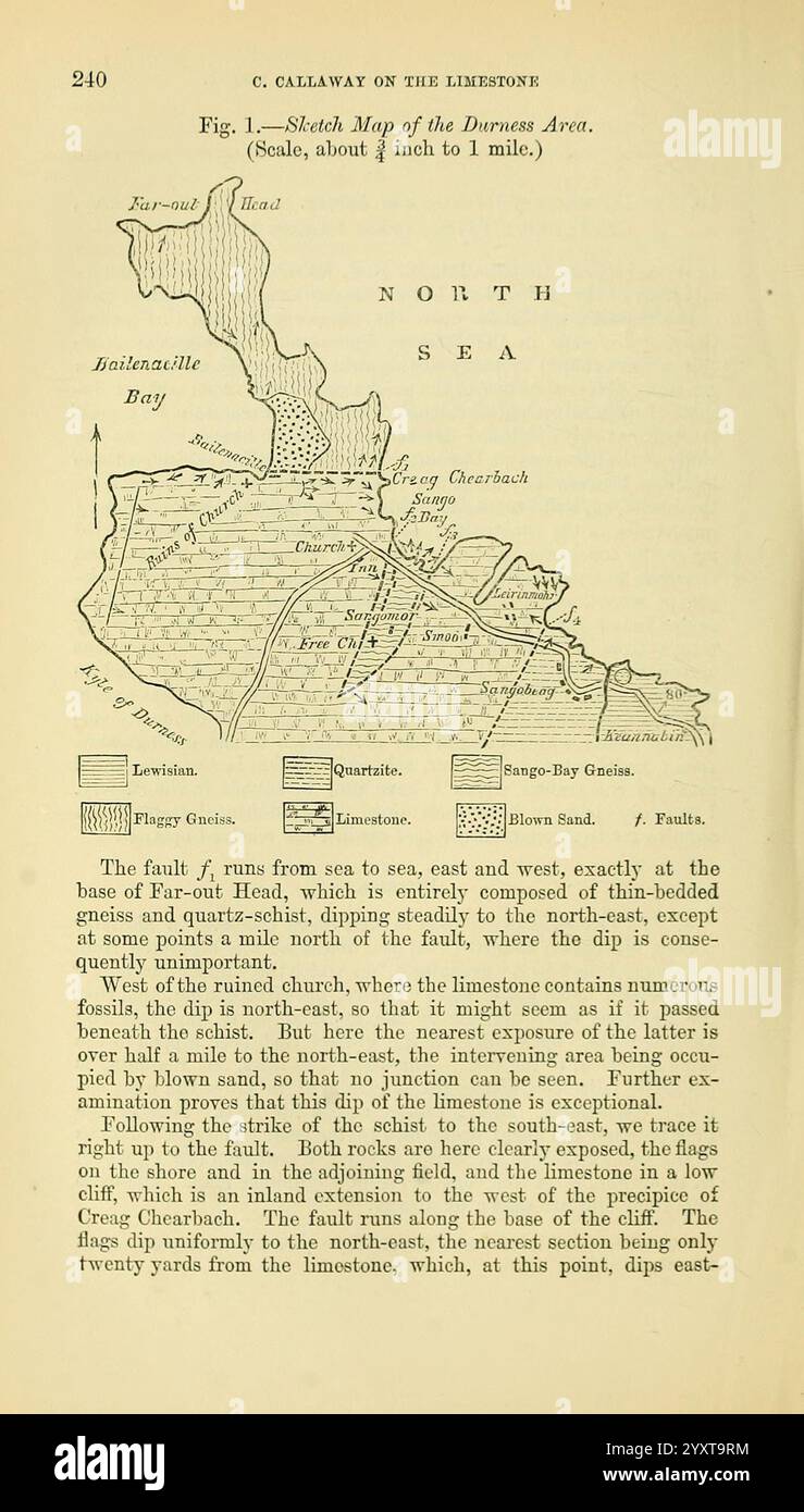 The Quarterly Journal of the Geological Society of London, v. 37 (1881), London, Geology, Periodicals, uno schizzo dettagliato che raffigura le caratteristiche geologiche dell'area di Dornoch, evidenziando la disposizione delle varie formazioni rocciose e le loro relazioni. I componenti principali includono marcatori geografici etichettati come "Mare del Nord" e luoghi di interesse locali come "Fingers Creek" e "Eagle's Rock". La mappa delinea strutture geologiche significative, tra cui faglie e angoli di immersione, dimostrando la complessità geologica della regione. Le annotazioni forniscono un contesto aggiuntivo, guidando il lettore nella comprensione Foto Stock