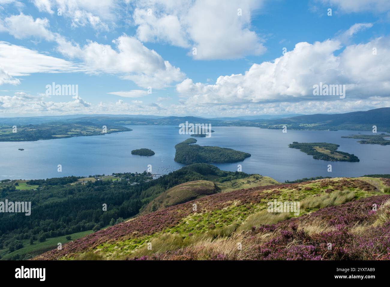 Ammira l'estremità meridionale di Loch Lomond dalla collina Conic ricoperta di erica sotto un cielo blu nuvoloso. Preso sulla West Highland Way Foto Stock